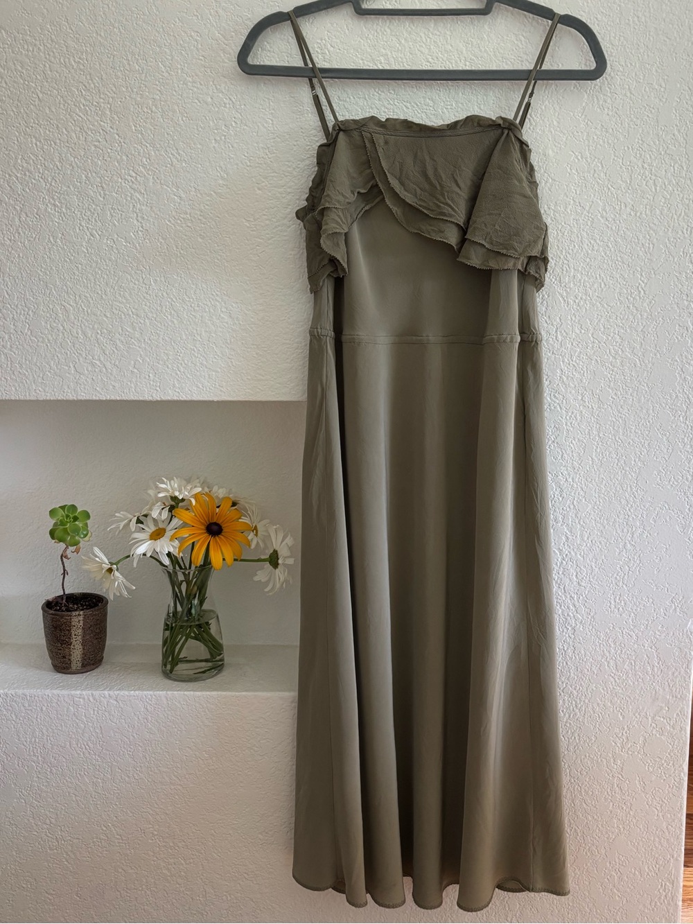 Wilfred sage green silk midi dress with ruffle details size small